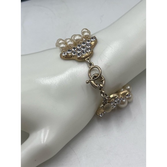J. Crew Multi-Strand White Faux Pearl Spring Ring Rhinestones Bracelet Sz Small - Picture 7 of 12